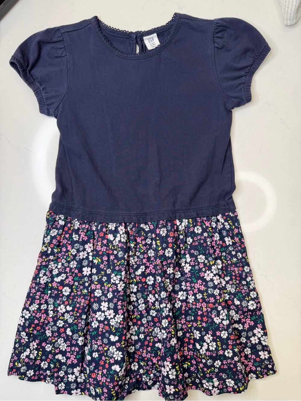 Baby Gap Toddler Girls Navy Floral Dress Size 5T Puff Sleeve Short Sleeve